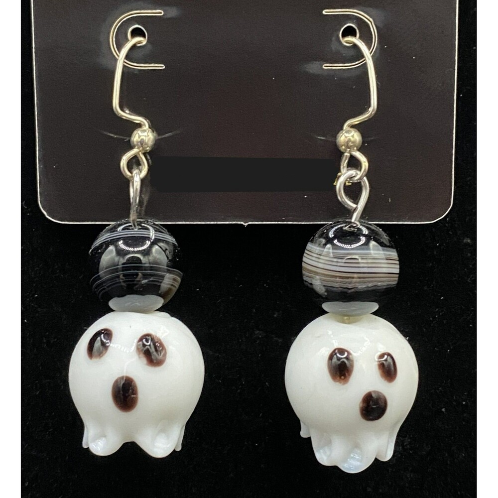 Handmade Glass Ghost with Black Brown White Glass Bead Earrings by Neanie-Bot